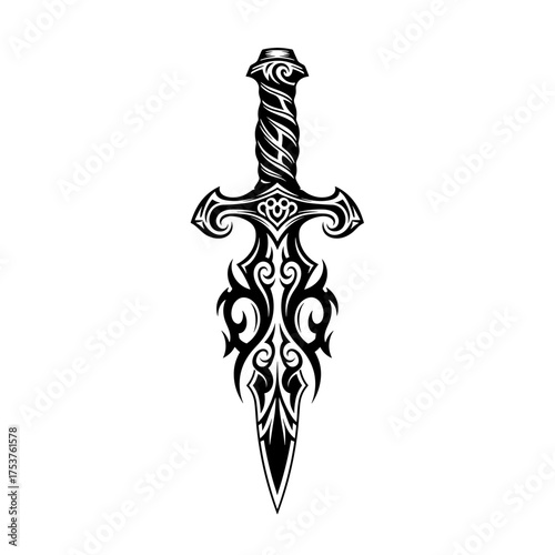 Intricate sword design with tribal patterns, ideal for tattoo art, gaming graphics, or fantasy illustrations, offering a touch of ancient mystique and power