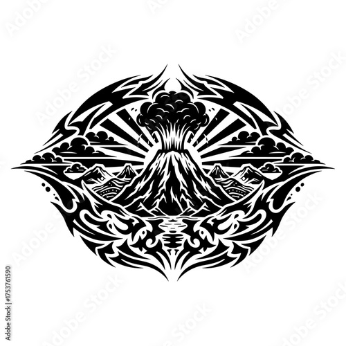 Striking black and white volcano eruption design for unique tattoos or logo creation, a dramatic tribal inspired mountainscape perfect for branding