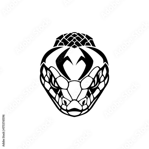 Intricate snake head design in striking black and white, perfect for bold logos or edgy tattoo art projects, adding a touch of danger and mystique