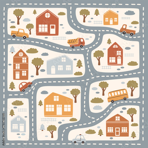 A small town map with roads, houses, and transport for children.