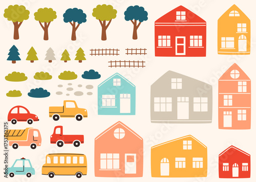 A set of city elements for kids. Cute houses, trees, and cars in a childish style.