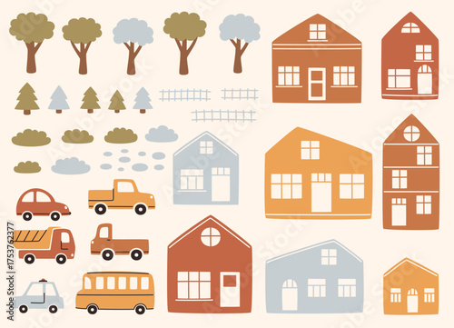 A set of city elements for kids. Cute houses, trees, and cars in pastel colors.
