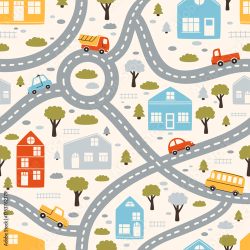 City map with roads and transportation for kids. Seamless pattern in a childish, hand-drawn style.