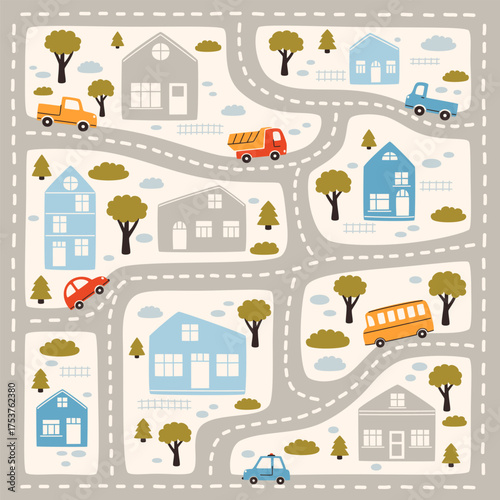 A small town play map with roads and transport for children.