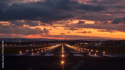 Illuminated airport runway at sunset featuring dramatic sky colors