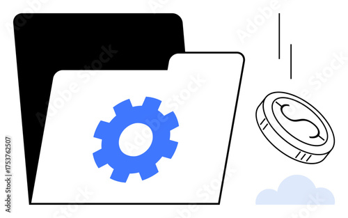 Open folder featuring a blue gear icon, falling coin with dollar sign, small cloud. Ideal for finance, technology, data storage, business optimization, software innovation and savings. Simple flat