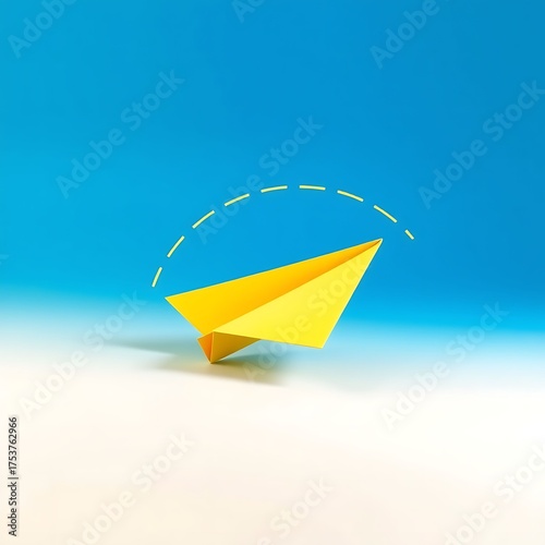 Minimalist Yellow Paper Airplane Flying with Dashed Line Trajectory on Abstract Blue Gradient Background