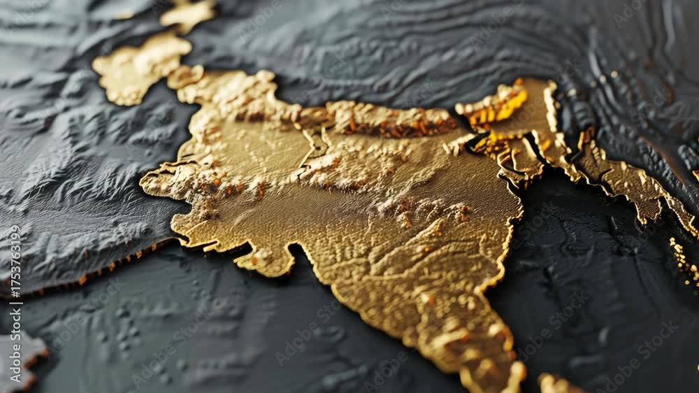 A gold-colored map of India is displayed, with the country's borders ...