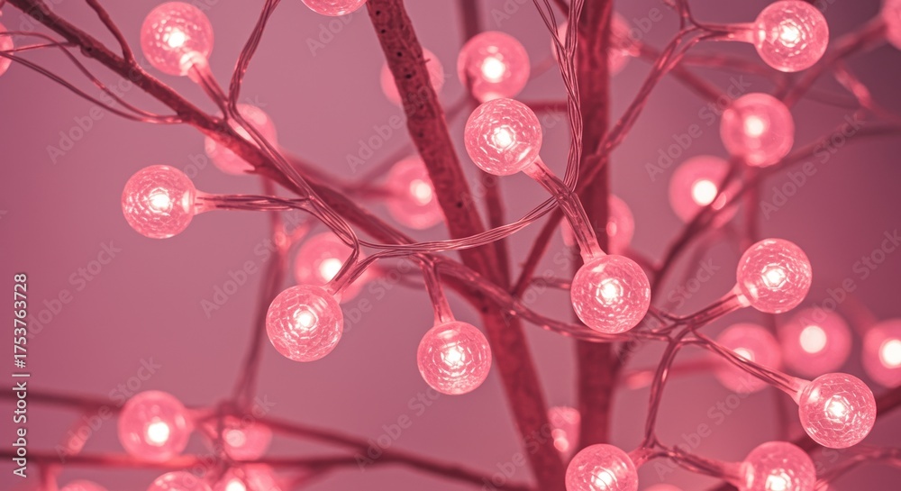 Obraz premium close-up of glowing pink fairy lights on a tree branch creating a warm festive ambiance