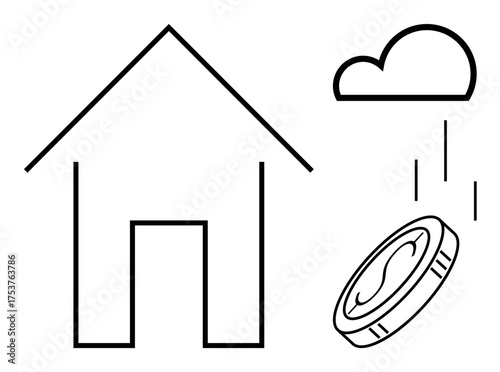 Minimalist house alongside falling coin from cloud, symbolizing real estate investment, savings, and financial growth. Ideal for finance, housing, banking, economy, wealth realty planning simple