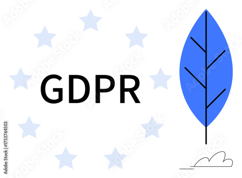 GDPR text framed by a blue minimalist leaf and circular stars. Ideal for data privacy, security compliance, digital trust, law, cyber protection, legal practices, simple flat metaphor