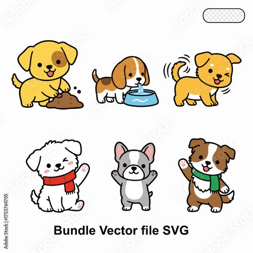 Cute puppy dog vector set in adorable cartoon style. Perfect for pet shops, veterinary themes, and animal lover designs.
