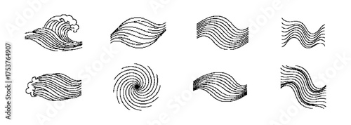 Isolated graphic wave line set with swirl and flowing lines on a white plane