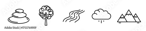 Simple icons representing nature elements including rocks, tree, river, cloud, and mountains in vector format