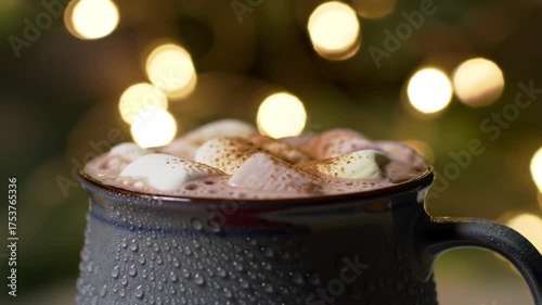 Hot chocolate with marshmallows and Christmas lights in background.