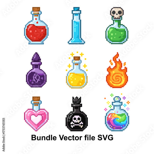 Magic potion bottle pixel set with colorful elixirs. Perfect for fantasy games, RPG inventory icons, and retro magic themed designs.