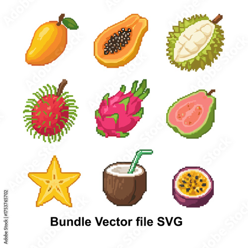 Tropical fruit pixel vector collection in colorful retro style. Great for game assets, healthy food themes, and vibrant icon packs.