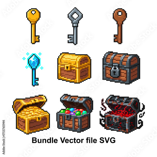 Pixel keys and treasure chest vector set in retro style. Ideal for game assets, adventure themes, and classic RPG interface elements.