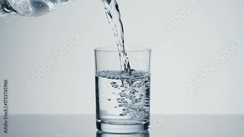Crystal glass being filled with clear liquid, creating bubbles, against a stark white background