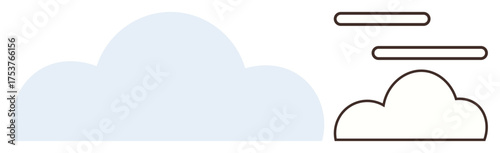 Two cloud forms, one colored solid and one in outline, with additional simple line elements. Ideal for technology, communication, storage, weather, minimalism, creativity and digital representation
