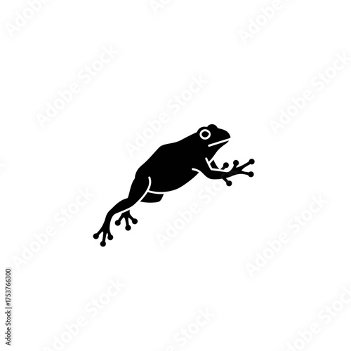 This vector icon features a black frog silhouette, a minimalist amphibian representing nature's vibrant wildlife, isolated for graphic design and logos