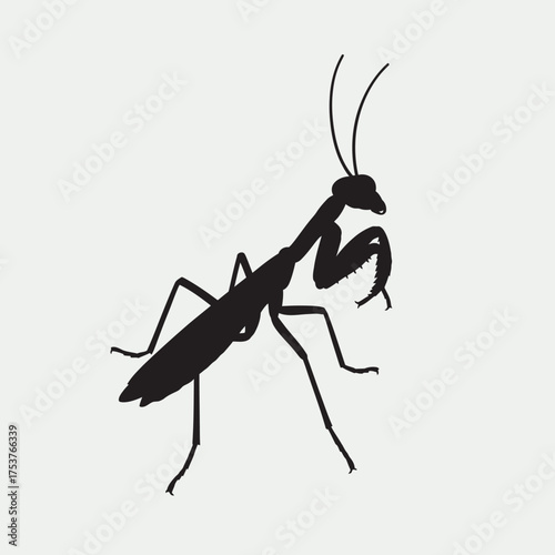 Elegant vector icon featuring a bold black silhouette of a praying mantis, capturing its essence in nature. Ideal for natural history, educational, and ecological design projects