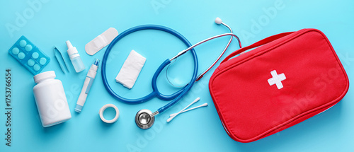 First aid kit on color back...