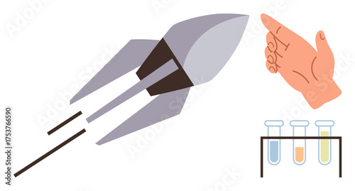 Rocket speeding up, gesture indicating direction, three test tubes representing research, science, exploration. Ideal for innovation, guidance, progress, discovery creativity experimentation