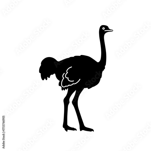 A black silhouette of an ostrich icon, a vector illustration representing nature, standing gracefully on a white background, perfect for graphic design and educational purposes