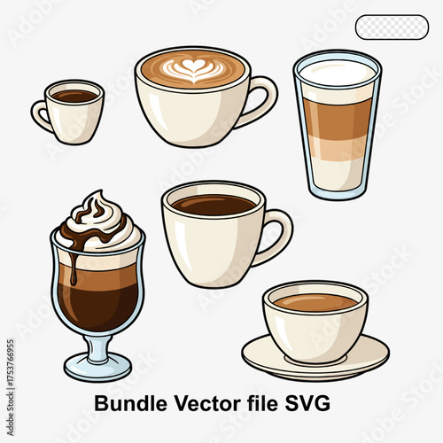 Coffee cup and latte drink vector set in clean cartoon style. Perfect for cafe menus, beverage branding, restaurant design, and modern food illustrations.