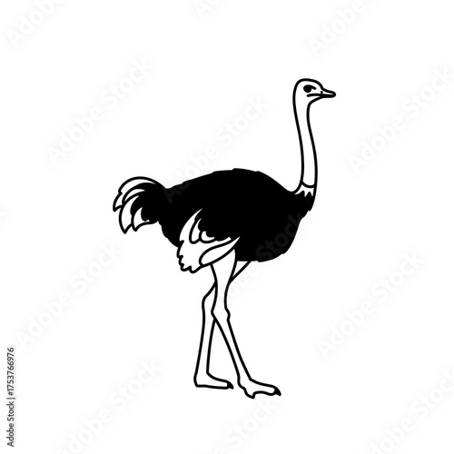 A minimalist black and white vector icon depicting a standing ostrich, a sleek graphic design symbol of African wildlife and the essence of untamed nature