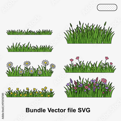 Grass and wildflower patches collection for landscape design. Natural flat vector elements.