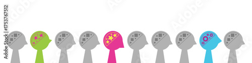 Silhouettes of various brain structure. Neurodivergent spectrum awareness concept. Different heads, minds and thinking. Cognitive differences inclusion vector flat illustration.
