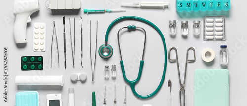 Medical supplies on grey ba...