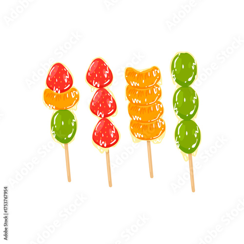 Tanghulu Candied Fruit Skewers – Glossy Strawberry, Mandarin, and Grape on Sticks Illustration