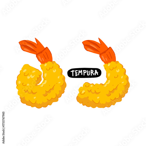 Shrimp Tempura Illustration – Crispy Golden Fried Seafood with Tail and Bold Label on White Background