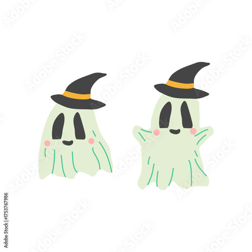 Cute Halloween Ghosts in Witch Hats – Cartoon Style with Smiling Faces and Festive Vibes