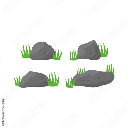 Rocky Landscape With Grass Patches: Simple Outdoor Stone Boulders And Green Grass