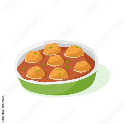 a bowl of Malai Kofta, featuring several round, golden-brown meatballs submerged in a vibrant orange-red gravy, garnished with fresh green herbs.