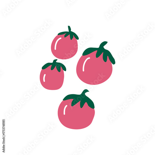 Group Of Pink Tomatoes Illustration With Green Stems For Fresh Produce, Cooking, And Food Topics