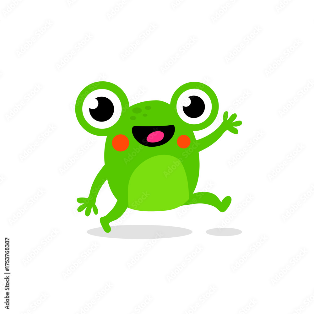 Fototapeta premium Happy Green Frog Cartoon Character Waving and Jumping, Playful Kids’ Mascot Illustration
