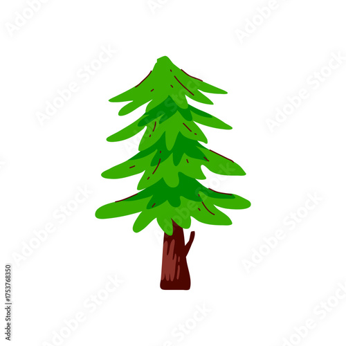 Cartoon Evergreen Tree With Green Foliage And Brown Trunk For Nature And Holiday Scenes