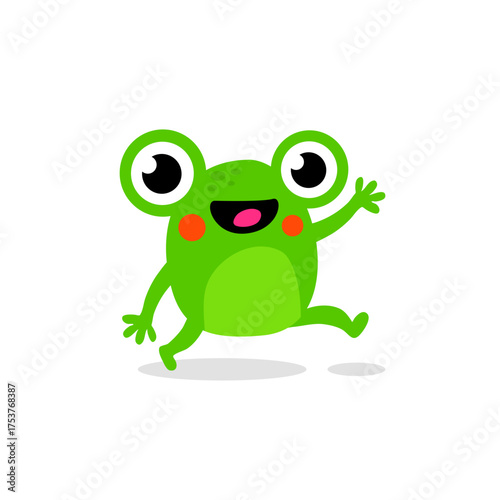 Happy Green Frog Cartoon Character Waving and Jumping, Playful Kids’ Mascot Illustration
