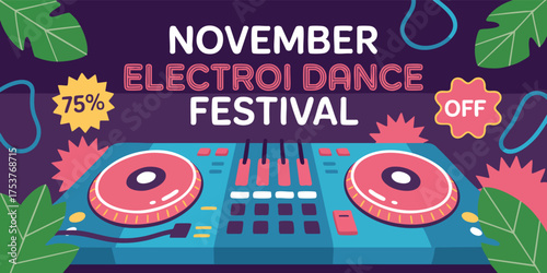 Festival poster November Electroi Dance Festival with DJ turntable leaves price discount signs and abstract shapes on a purple backdrop