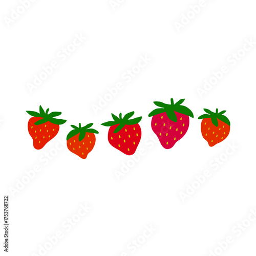 Five Fresh Strawberries in a Row with Green Leaves on White Background
