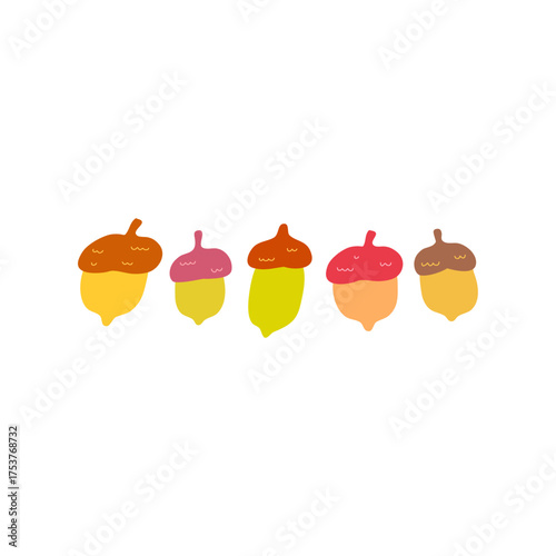 Five Colorful Acorns in a Row: Playful Autumn Illustration for Kids and Nature Themes