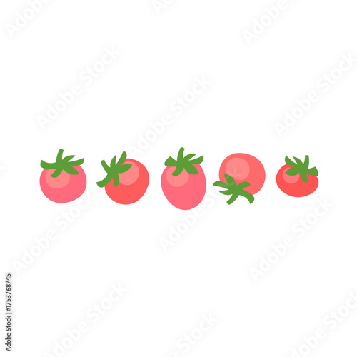 Five Fresh Tomatoes With Green Stems In A Row, Vibrant Produce For Fresh Food Visuals