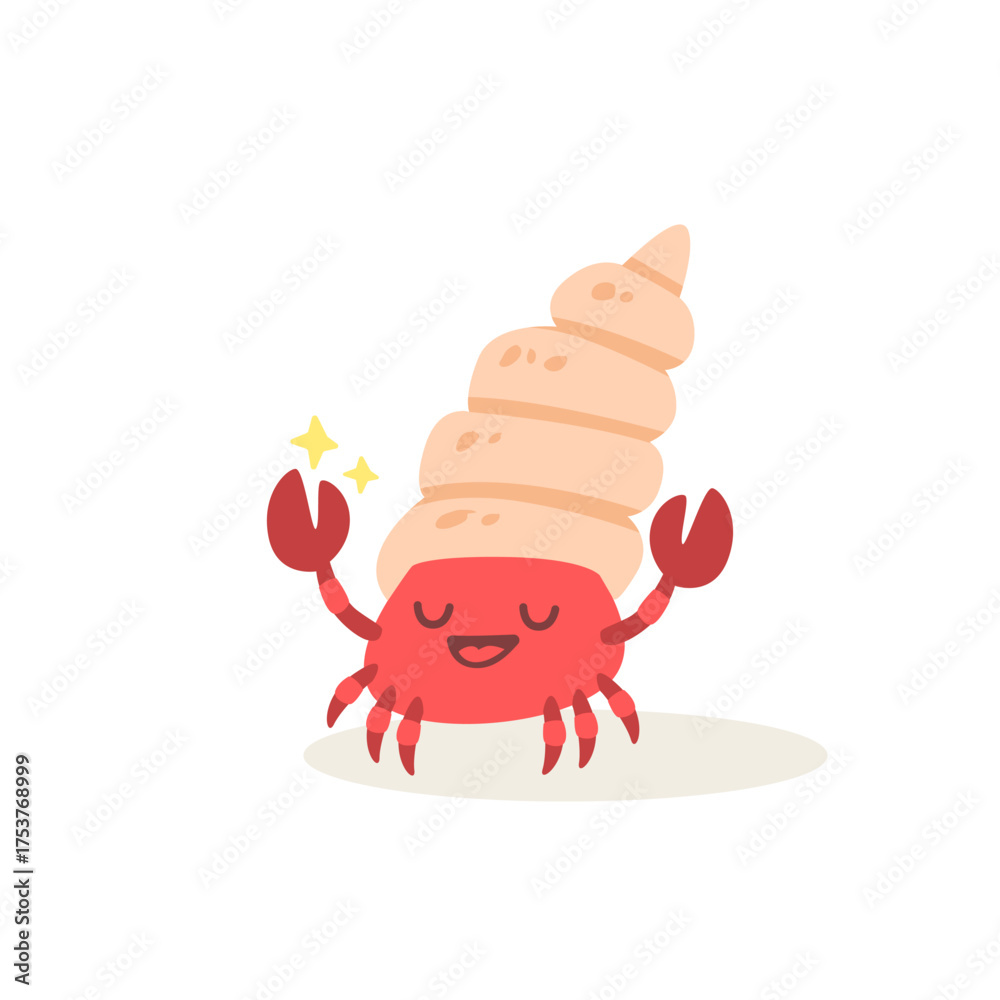 Obraz premium Cute Cartoon Hermit Crab With Swirled Shell Raising Claws On Sand Beneath Sunny Beach Vibes