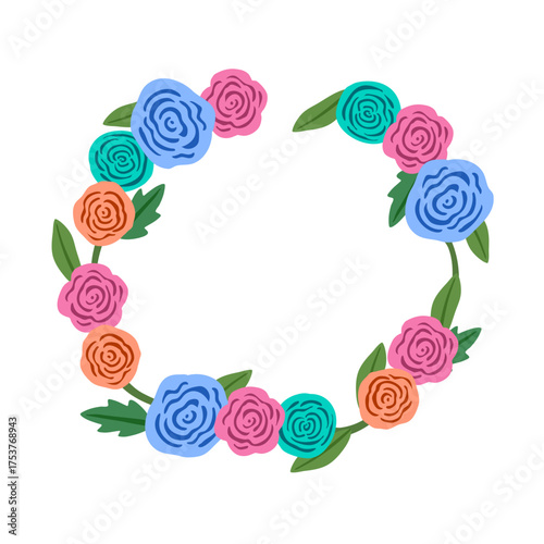 Hand-drawn Floral Wreath with Colorful Flowers on White Background