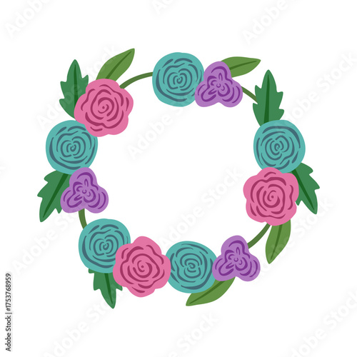 Hand-drawn Floral Wreath with Colorful Flowers on White Background